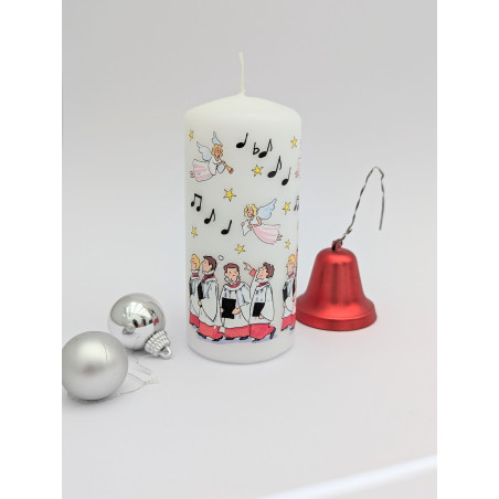 Angels & Choir Red with Musical Notes Christmas Pillar Candle | Alison Gardiner